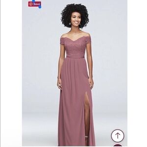 David’s Bridal Off the Shoulder Lace & Mesh Maxi The Beloved Dress